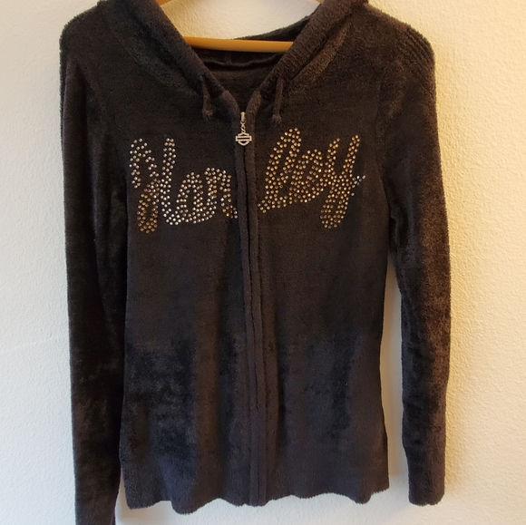 Harley-Davidson Velour Hoodie Size M/L Black with Golden Stones - Picture 2 of 8